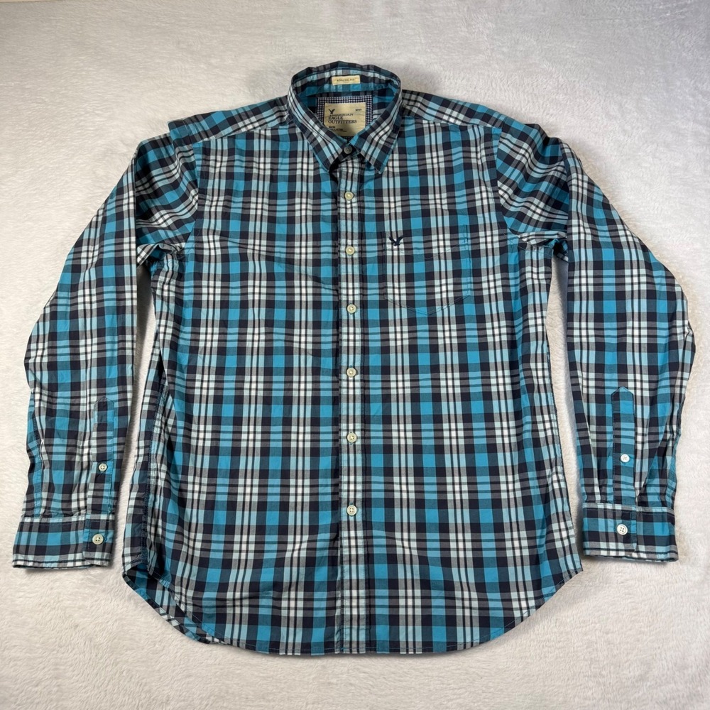 American Eagle Button Down Shirt Mens M Blue Plaid Athletic Fit Cotton